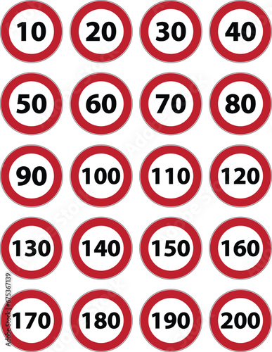 A set of generic speed limit signs with black number and red circle vector art