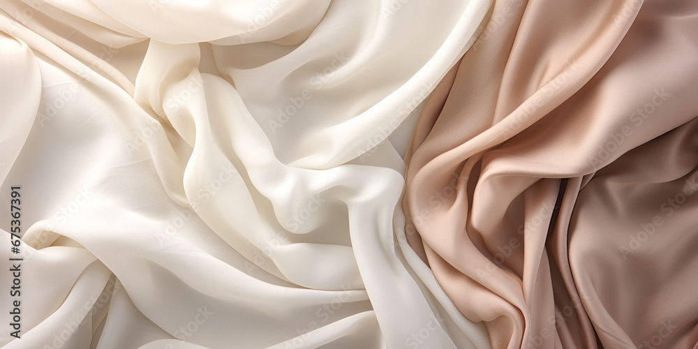delicate creamy color satin fabric with soft folds, textile background - obrazy, fototapety, plakaty 