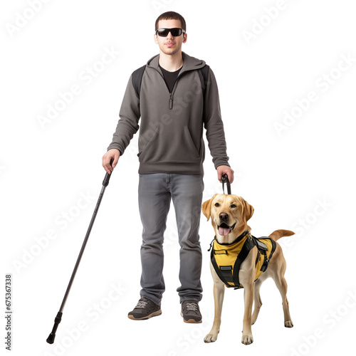Blind man with sunglasses and cane and service dog photo