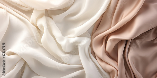 delicate creamy color satin fabric with soft folds, textile background photo