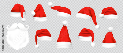 Realistic set of red santa hats. New Year red hat. - stock vector