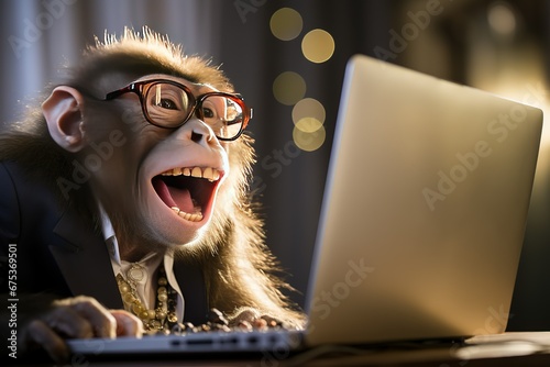 The muzzle of a cheerful, smiling monkey looking at the laptop screen. Communication online. Portrait of a joyful chimpanzee. Joke, humor.