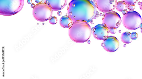 Colorful liquid bubbles falling frame, 3d render glossy shapes isolated on transparent background. Generative AI
