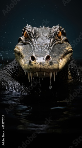  a close up of a crocodile's head in the water with it's mouth open and it's teeth hanging out.  generative ai