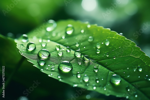 Beautiful macro of drops of transparent rain water drops on green leaves
