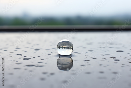 Beautiful macro of drops of transparent rain water drops on table surface