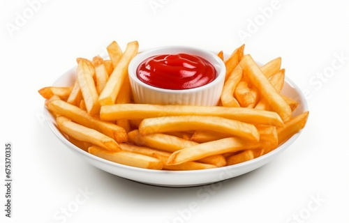 White plate of delicious french fries with ketchup on white background