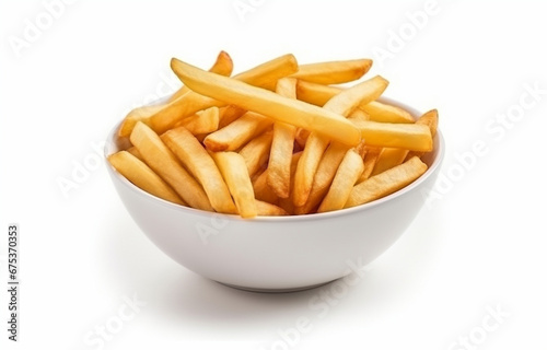 White plate of delicious french fries with ketchup on white background