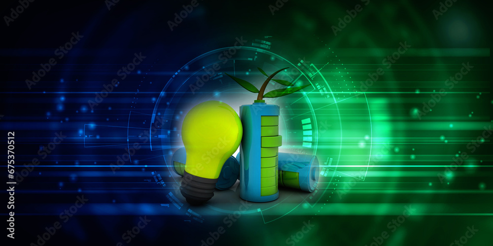 Naklejka premium 3d rendering green energy battery with CFL bulb