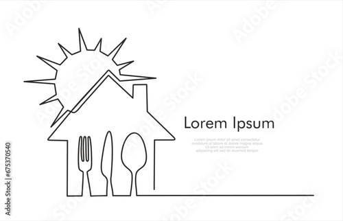 Continuous jne line of Dining house. Business and Service. Food Center, Food Court, Cafeteria Service, Canteen or Restaurant Sign. Spoon, knife and fork one line vector icon.