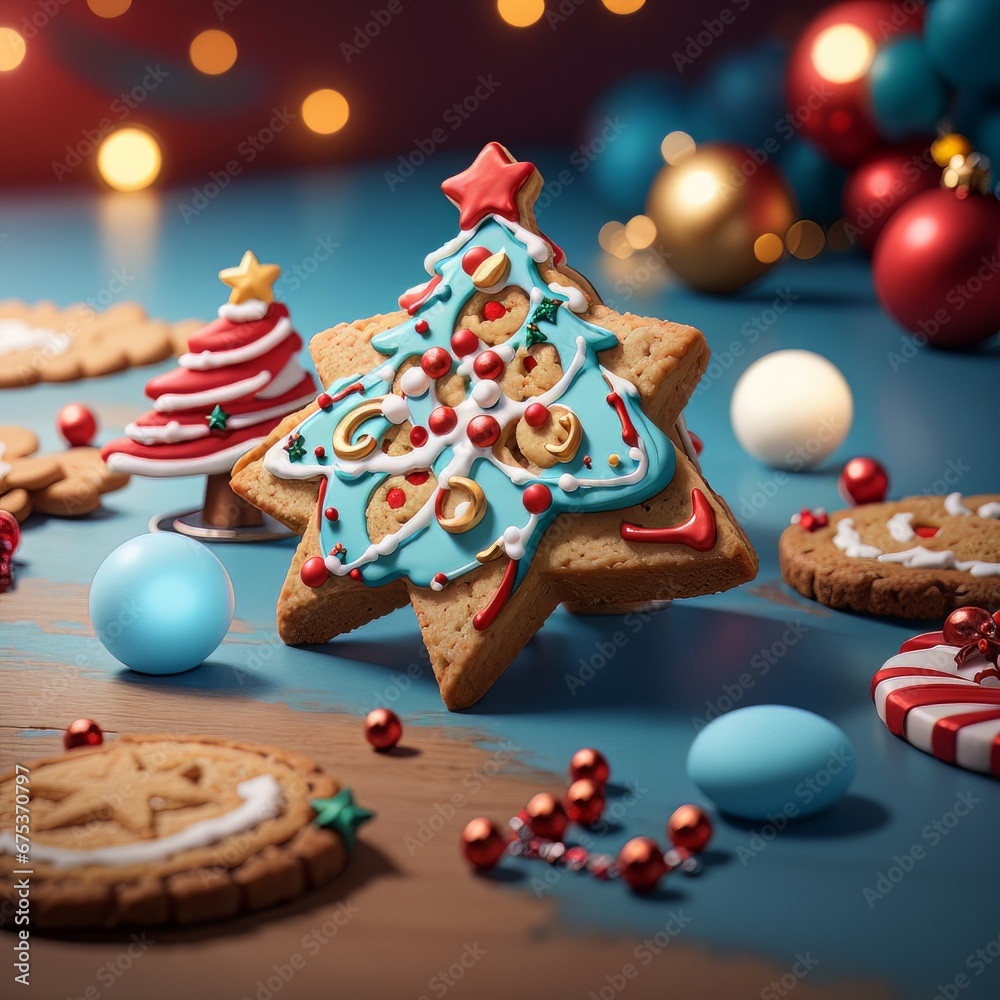 image that captures the essence of the Christmas season with gingerbread cookies beautifully decorated with white icing and colorful candies against a backdrop of twinkling Christmas decorations.