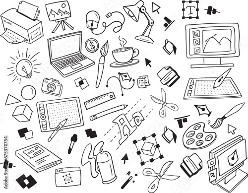 Set of hand drawn graphic designer doodle objects icons