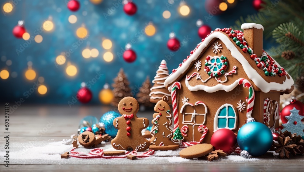 image that captures the essence of the Christmas season with a gingerbread house and beautifully decorated cookies. The gingerbread house, decorated with white icing and colorful candies against a bac