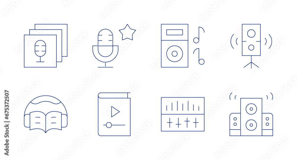 Audio icons. Editable stroke. Containing favorite, music, speaker, speakers, audio, audio control, library, audio book.