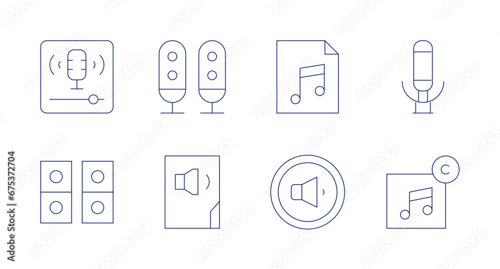 Audio icons. Editable stroke. Containing podcast, speakers, song, sound system, audio, volume down, audio message.