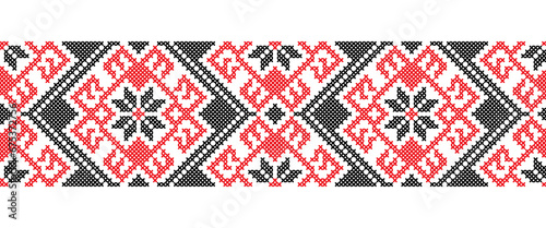 Ukrainian ornament for textile, fabric, cloth. Vector seamless pattern, print. Ukrainian folk, ethnic ornament. Pixel art vyshyvanka, cross stitch