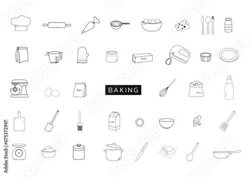 Bakery ingredients and baking tools outline icons