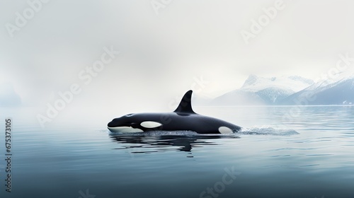  a black and white orca in a body of water with mountains in the background and fog in the air. generative ai