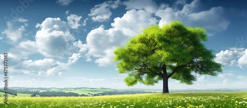 In the beautiful summer sky the leafy tree stood tall against the backdrop of the city inviting us to explore the captivating landscape of nature s vibrant colors in the park garden and open photo