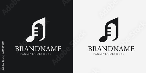 Musical note logo with podcast mic silhouette, simple, minimalist, black and white
