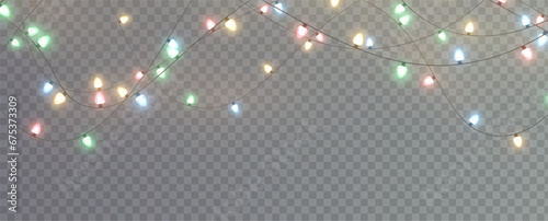 Festive Christmas light gold garlands PNG. Decor element for postcards, invitations, backgrounds, business cards. Winter new collection 2023.