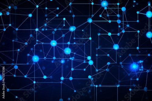 Ethereal Neon Blockchain Nodes in Dark Blue and Azure Futuristic Digital Background for Slide Presentation Glowing Network of Thin Lines Cyber Symbolism