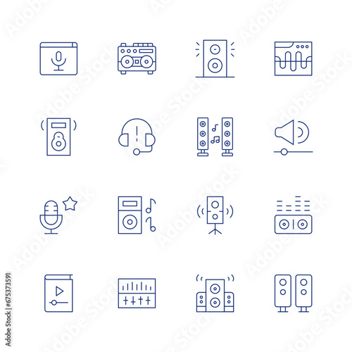 Audio line icon set on transparent background with editable stroke. Containing podcast, speaker, favorite, music, subwoofer, music speaker, speakers, cassette player, headphone, audio, audio control.