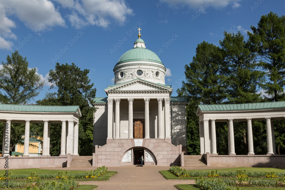 The Temple-tomb of the Princes Yusupov or Colonnade in the Arkhangelsk Estate Museum on a sunny cloudy day. Moscow Region, Russia