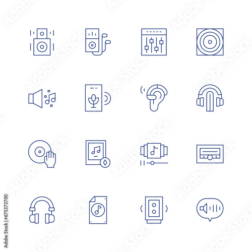 Audio line icon set on transparent background with editable stroke. Containing speaker, music, dj, headphone, equalizer, hearing aid, playlist, speakers, mp player, audio, audio file, audio system.