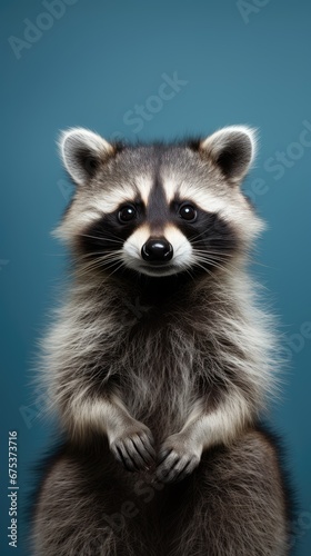  a raccoon standing on its hind legs with its front paws on its hind legs looking at the camera.  generative ai © Oleg