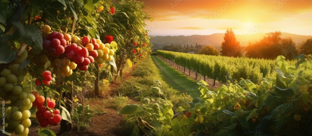 In the background of a breathtaking summer sunset the lush green garden filled with vibrant red fruits and leafy plants showcases the harmonious connection between nature health and agricul