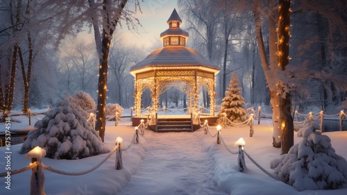 a snowy park with a frozen lake, surrounded by snow-laden trees and a quaint gazebo adorned with garlands and lights, capturing the serene beauty of nature during the holiday season.