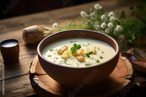 Creamy potato soup on wooden bowl - vegetarian creamy soup