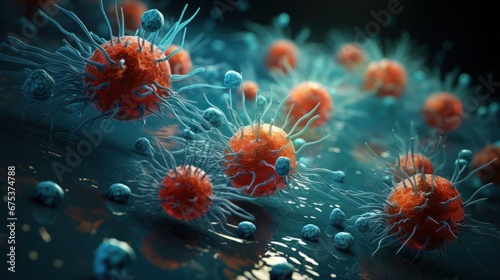 A group of red and blue germs on a black surface