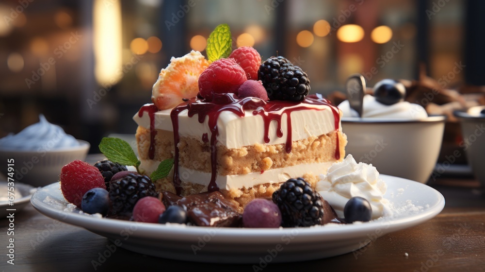 A piece of cake on a plate with berries and ice cream