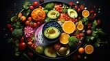 An assortment of fruits and vegetables arranged in a circle