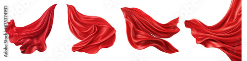 Set of flying 3d red drapery fabric cloth, isolated on transparent background. Generative AI photo