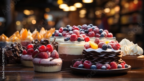 A table topped with cakes and desserts covered in frosting