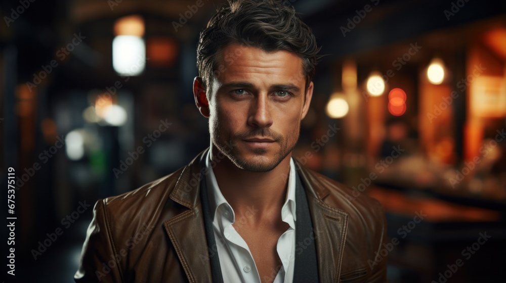 A man in a leather jacket standing in a dark room A man in a leather jacket standing in a dark room