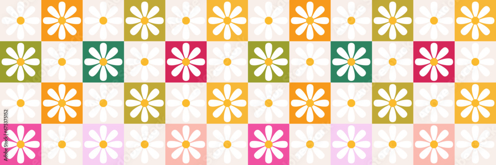 Vector seamless background. Floral pattern. Modern, bright and colorful checkerboard and daisies print. Ideal for textile design, screensavers, covers, cards, invitations and posters. Vector seamless background. Floral pattern. Modern, bright and colorful checkerboard and daisies print. Ideal for textile design, screensavers, covers, cards, invitations and posters.