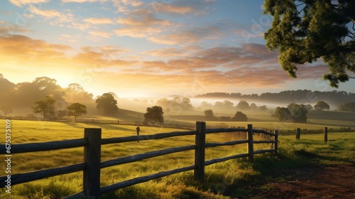 A field with a fence in the foreground and a sunset in the background