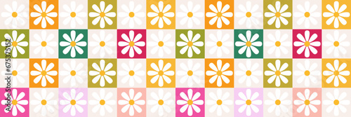 Vector seamless background. Floral pattern. Modern  bright and colorful checkerboard and daisies print. Ideal for textile design  screensavers  covers  cards  invitations and posters.