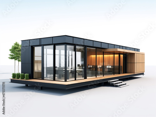 A small house made from a shipping container. Simple design and fast construction method. 3D model illustration. photo