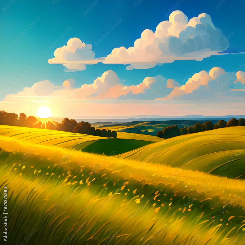 wonderful green field with a beautiful sky