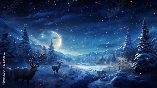 a snowy winter night with a starlit sky, where a glimpse of Santa's sleigh and reindeer can be seen in the distance, evoking the enchantment and wonder of Christmas Eve.