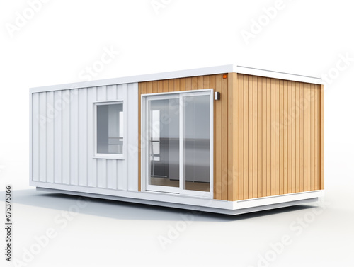 A small house made from a shipping container. Simple design and fast construction method. 3D model illustration. © Aisyaqilumar