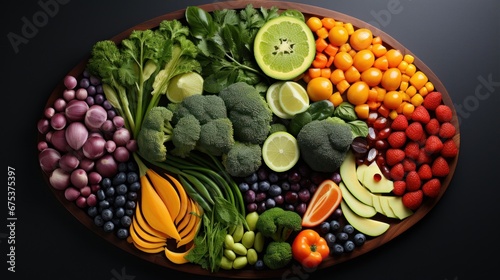 A plate of fruits and vegetables on a table