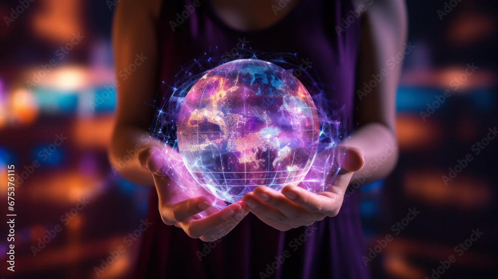 Fototapeta premium New technologies. Women's hands hold the globe with data exchange via connection technology. Global network connection, science, communication technologies.
