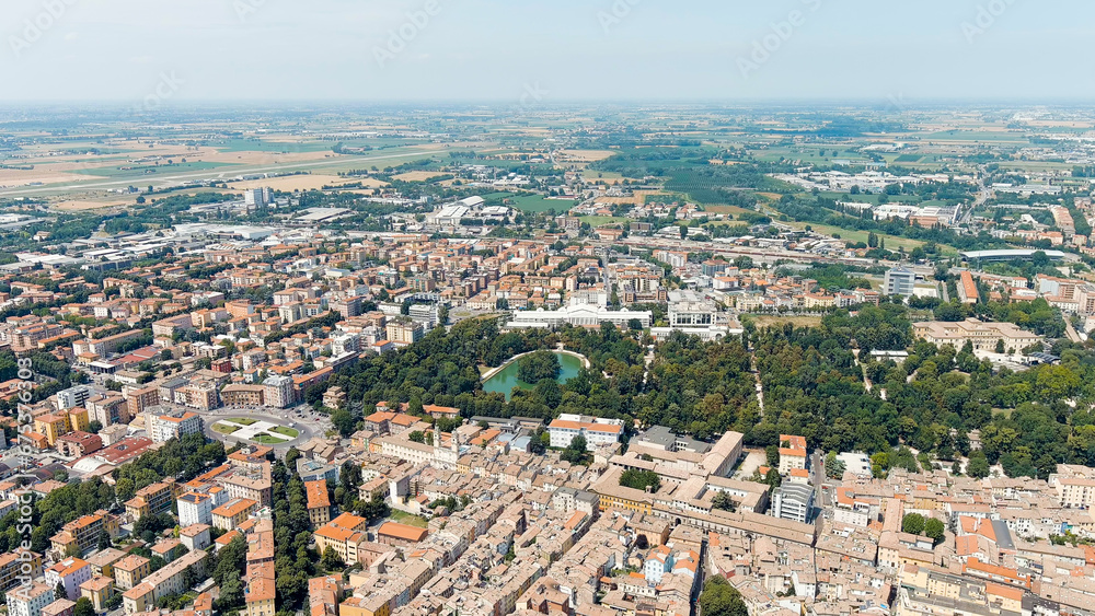 Parma, Italy. The historical center of Parma. City park - Parco Ducale. Panorama of the city from the air. Summer day, Aerial View
