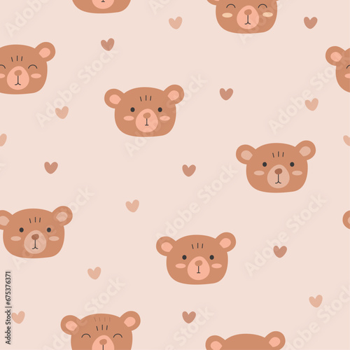 Seamless pattern with smile teddy, cute bear  character faces, hearts in scandinavian style. Cartoon boho illustration for textile, fabric, print design, wallpaper, gift paper. Vector